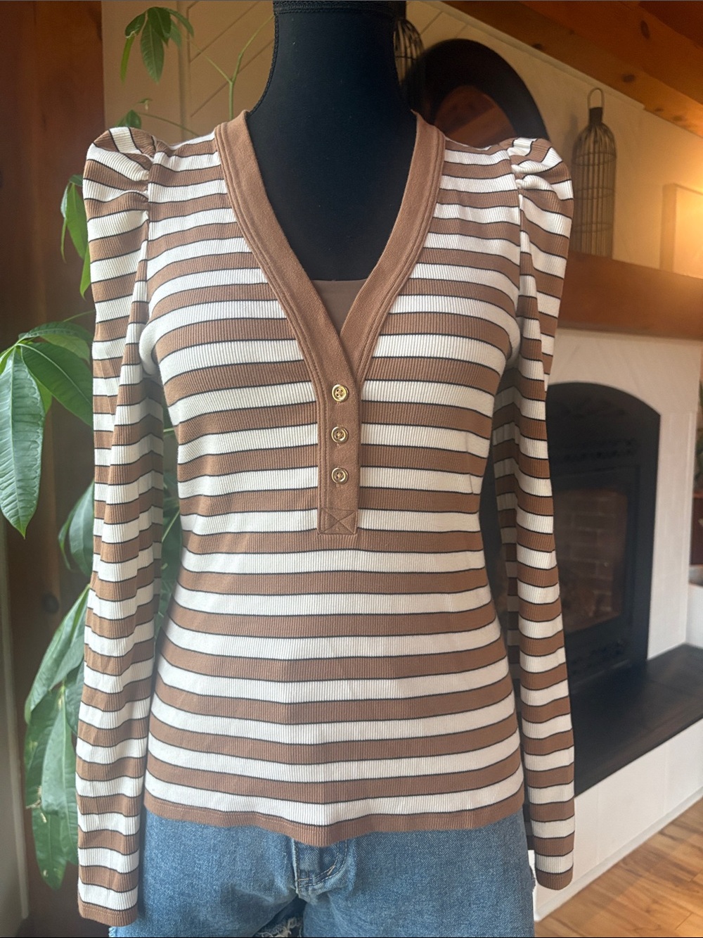 Veronica Beard Brown and White Striped V-Neck Puff-Sleeve Long Sleeve Top